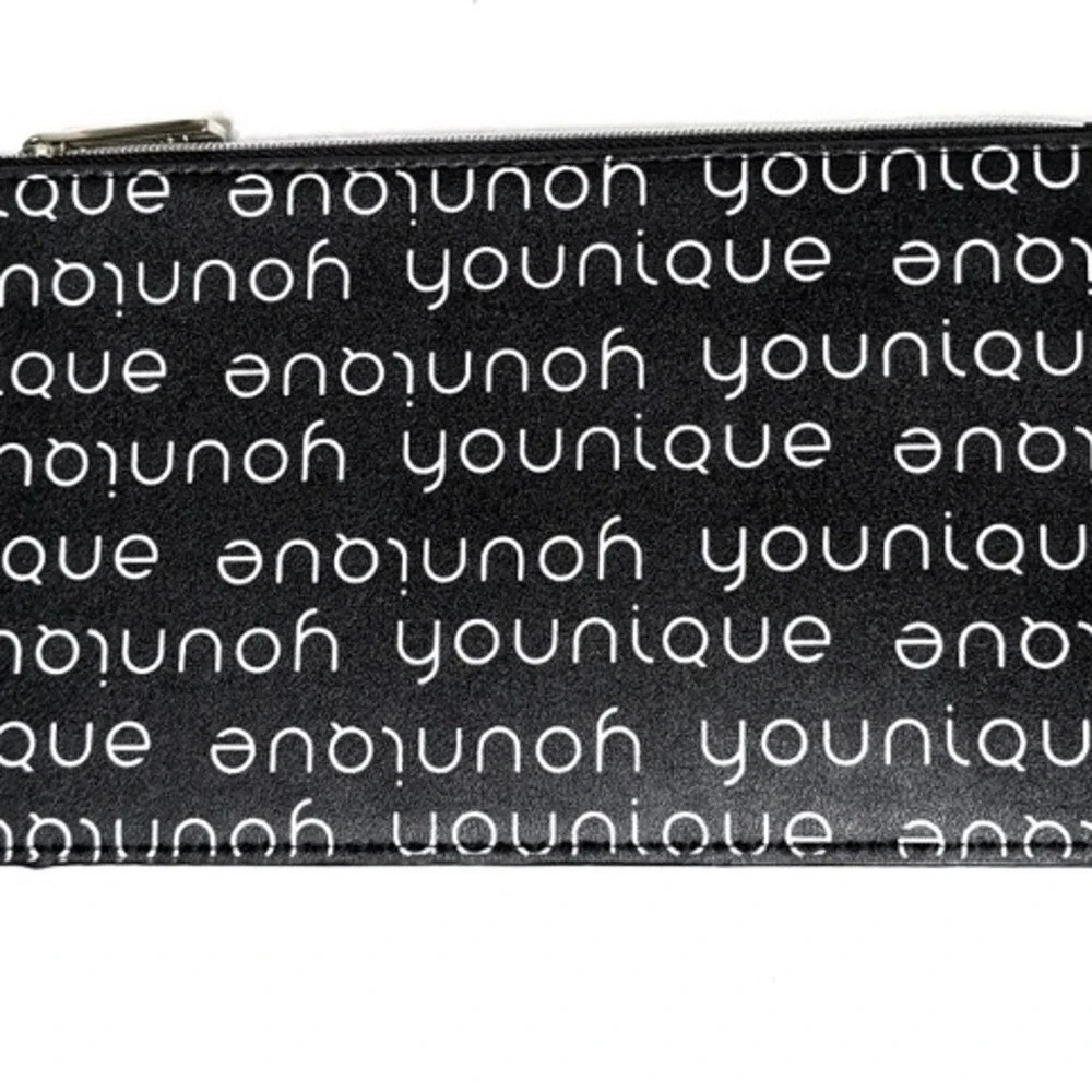Younique Black and White Logo Print Makeup Bag Zippered Cosmetic Pouch Slim Flat